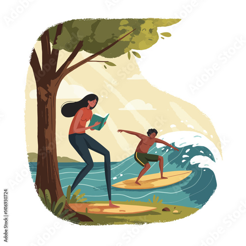 Woman reading book under tree near ocean shore while boy surfs on wave during sunny day with light breeze and scattered clouds