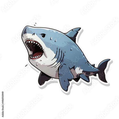 Cartoon illustration of a ferocious great white shark.