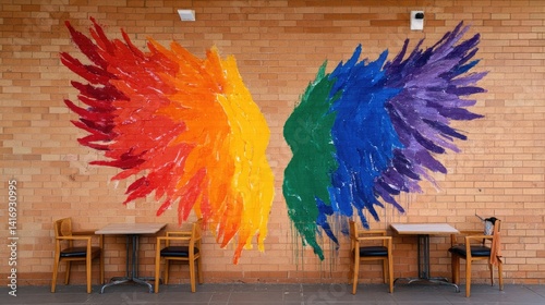 Vibrant mural of colorful wings on a brick wall