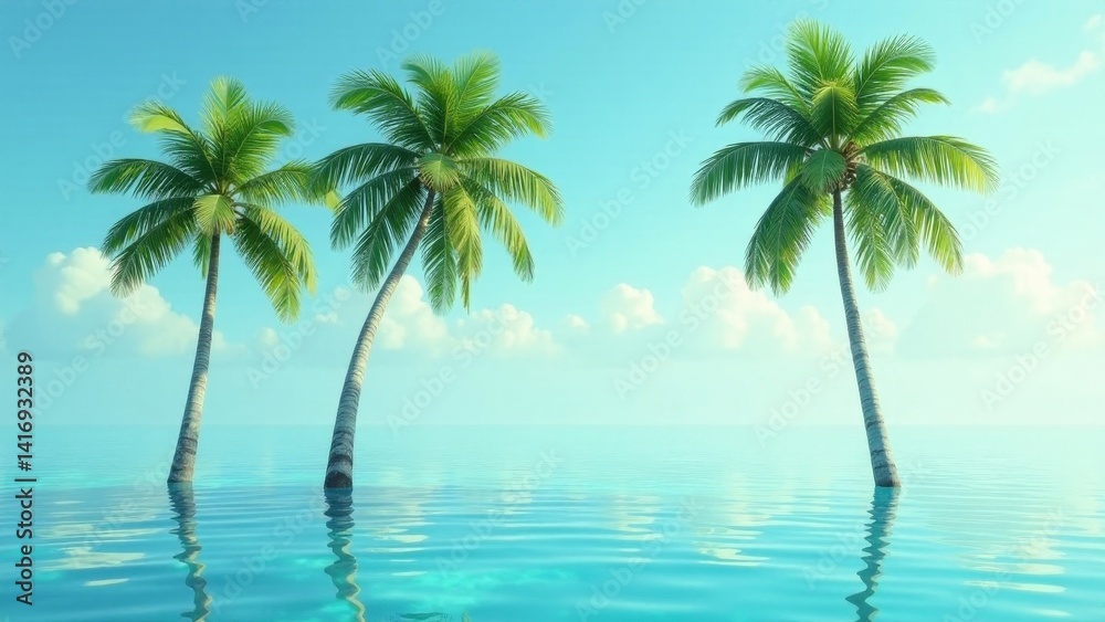 Obraz premium Serene tropical paradise three palm trees gently sway in a tranquil ocean under a bright, clear sky, reflecting peace and tranquility