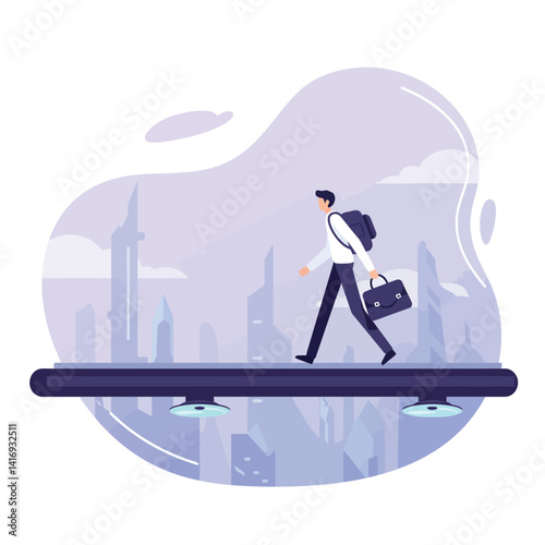Businessman walking on futuristic floating platform with briefcase and backpack in modern cityscape with tall skyscrapers under cloudy sky