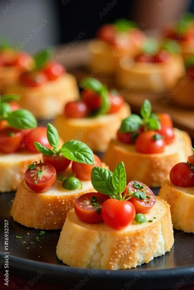 Variety of delicious bruschetta on display at food festival, toast, topping, food Variety of delicious bruschetta on display at food festival, toast, topping, food