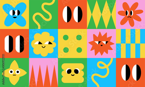 Set of abstract playful basic shape with eye. Square with abstract organic face in flat style. Background with funny geometric figures
