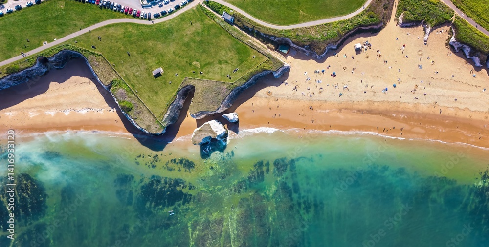 Aerial overhead view of the beautiful beach of Botany Bay, Kent, England, with white chalk rocks in the sea