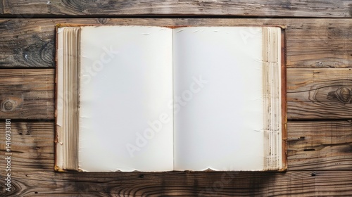 Open vintage book with blank pages resting on a rustic wooden surface