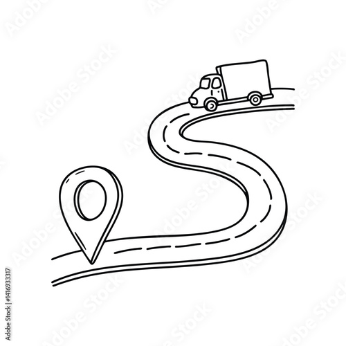 Delivery truck driving along a winding route on a road map