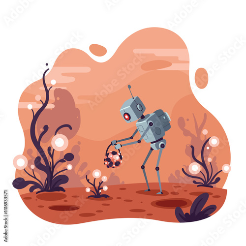 Small gray robot with red eye harvesting glowing spherical plants in a barren alien landscape with reddish soil and unusual dark purple vegetation