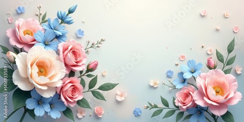 Pastel Roses and Blue Flowers A Delicate Floral Arrangement on a Soft Background