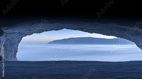 A breathtaking view from a cave archway over a misty landscape.