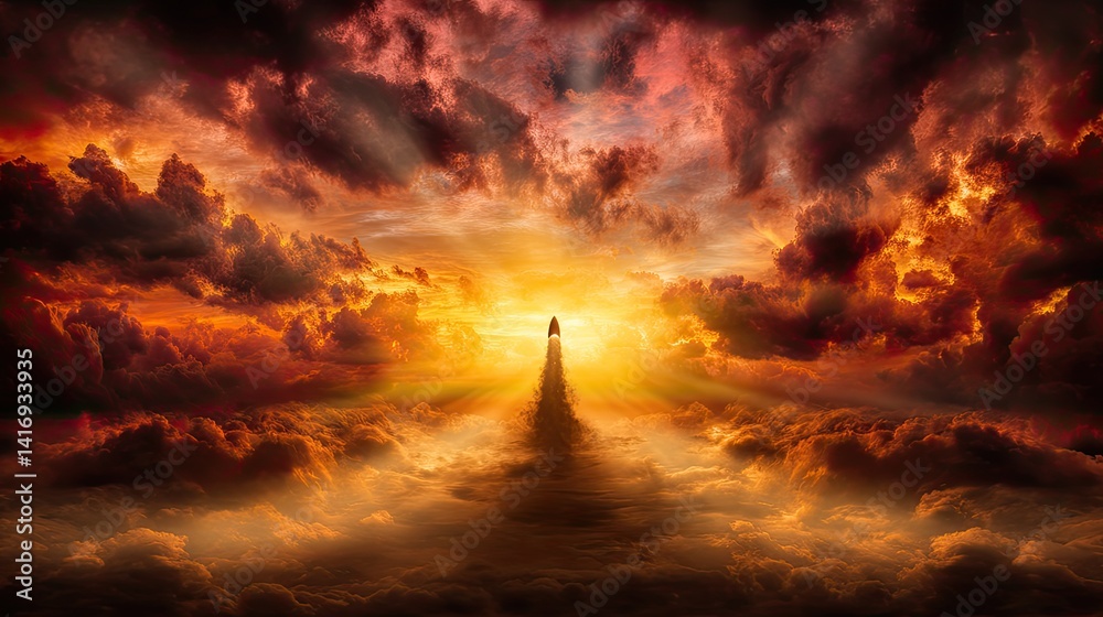 Obraz premium Rocket ascending through vibrant sunset clouds