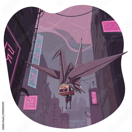 A giant mechanical origami crane flying through a neon-lit futuristic cityscape at dusk with tall buildings and glowing signs in a rainy, moody atmosphere