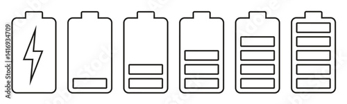 Battery charging indicator icon in white background. Fully charged and discharged battery in 0 to 100 % level icon. Vector illustration.