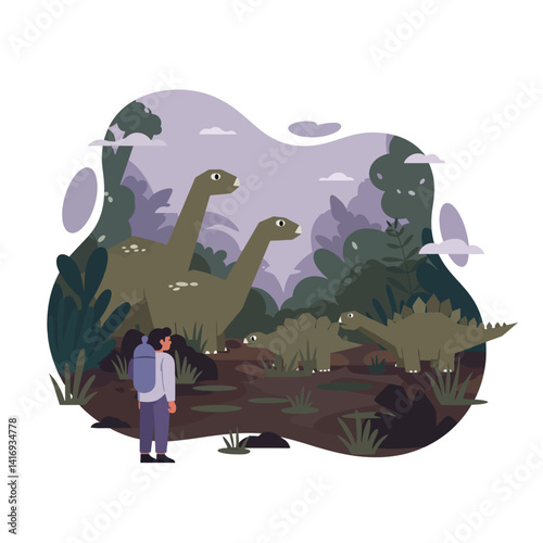 A person with a backpack observing two large long-necked dinosaurs and other prehistoric creatures in a dense jungle setting under a cloudy sky, evoking curiosity and wonder