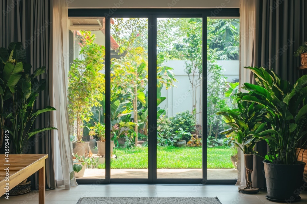 Fototapeta premium Patio doors opening to lush green garden. Airy and serene space