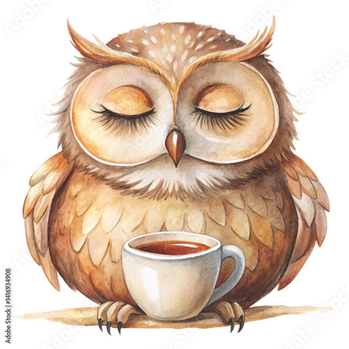 An owl is sleeping in front of a teacup. Comedy cartoons Minimal Vector Clipart Watercolor