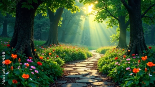 Sunlit Path Through a Lush Garden of Vibrant Blossoms and Towering Trees