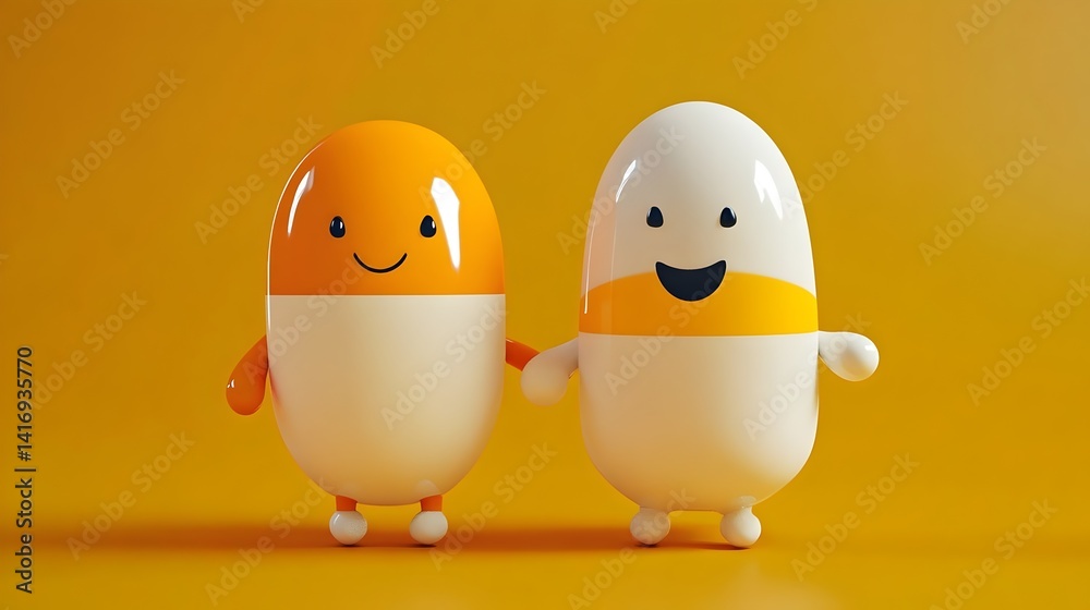 Fototapeta premium 3D cartoon character of an orange and white pill. Concept: healthcare, medicine or pharmaceutical products in a playful and approachable manner.