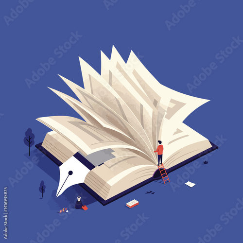 Small person standing on ladder flipping large pages of an oversized open book with giant pen nib on dark blue background