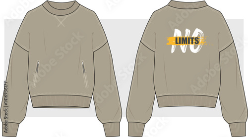 Oversized basic sweatshirt with zipper pocket and back print. Fashion technical drawing, illustration, vector. Front and back view. Unisex casual clothing, Cad, Mockup.