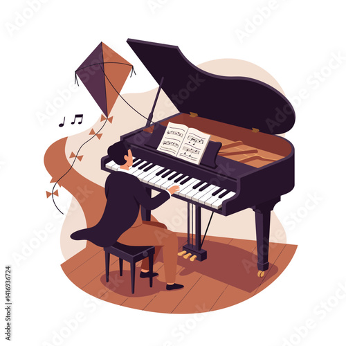 Man in formal attire playing grand piano with sheet music on wooden floor while a kite flies nearby producing musical notes in whimsical setting