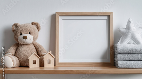 Teddy Bear and Minimalist Decor on Wooden Shelf