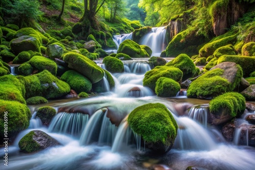 Mossy Rocks and Waterfall in Lush Forest