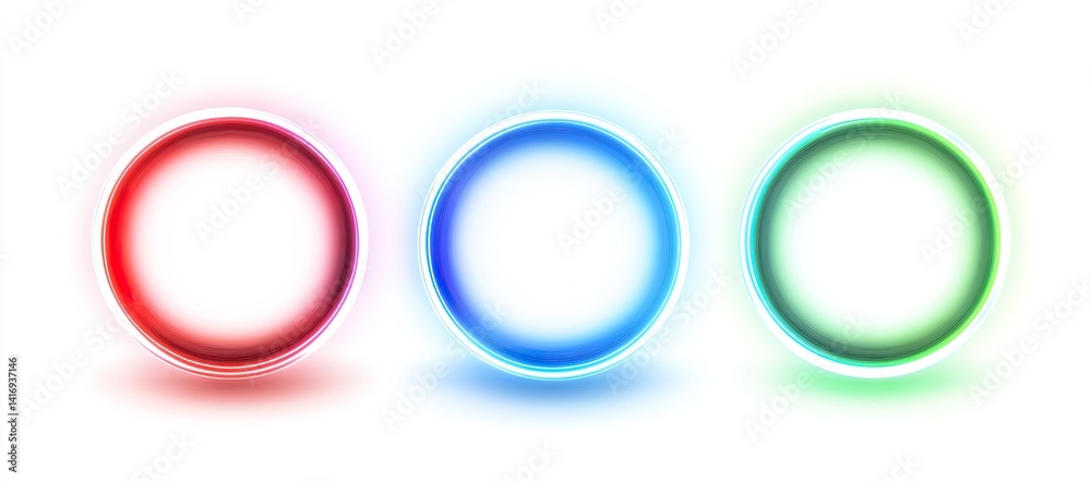 Three glowing circles in red, blue and green with white background Three glowing circles in red, blue and green with white background
