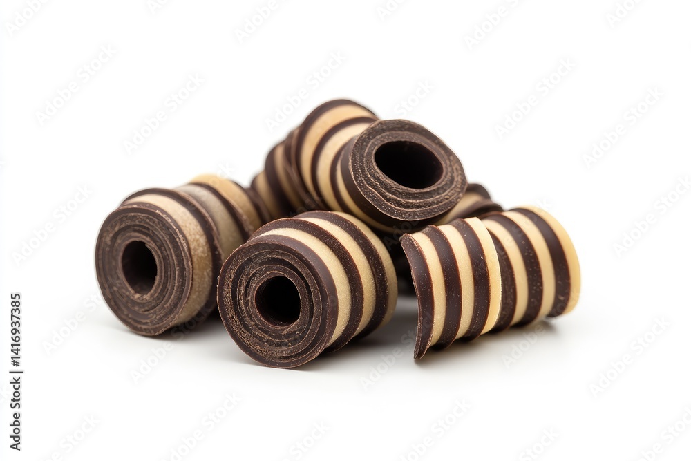 A pile of chocolate and vanilla striped wafer rolls A pile of chocolate and vanilla striped wafer rolls