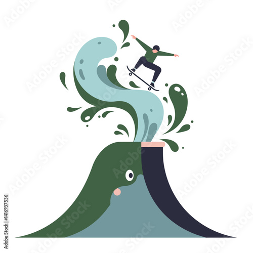 Cartoon illustration of a skateboarder performing a trick on a large green whale-shaped wave erupting with splashes, showcasing dynamic movement and playful energy