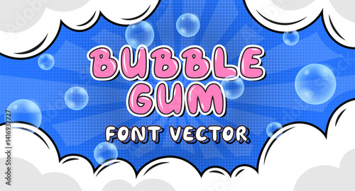 Bubble gum font. Candy text. Pink inflated logo banner. Cartoon food alphabet template. Sweet typography. Sugar bold garish lettering. Comic smoke clouds. Light rays. Vector calligraphy background