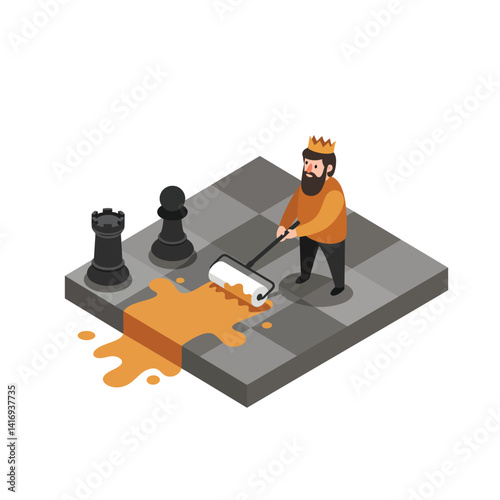Man wearing crown rolling orange paint over chessboard tiles near black rook and pawn chess pieces in surreal creative scene