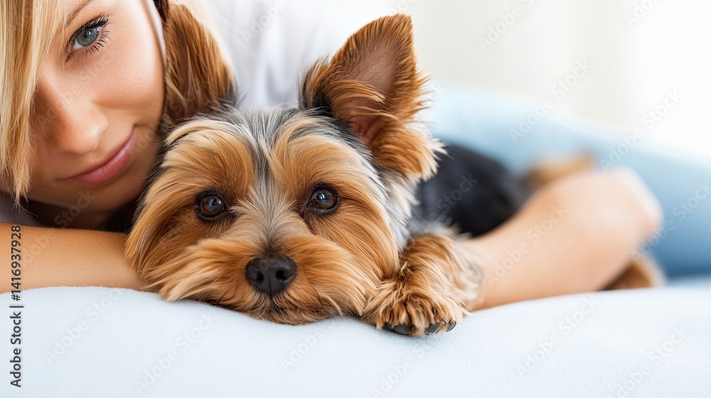 Woman bonding with her small Yorkshire Terrier, lying together in the fresh air Woman bonding with her small Yorkshire Terrier, lying together in the fresh air