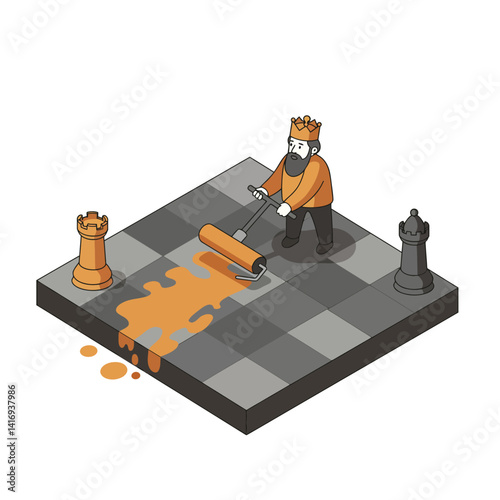 Bearded man wearing a crown rolling orange paint across a large chessboard with rook pieces, symbolizing strategy and creative intervention in a game setting