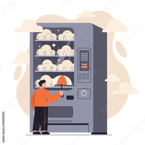 Young person in orange sweater selecting umbrella from a large modern vending machine filled with various umbrellas on a cloudy day