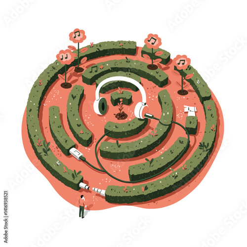 Circular green hedge maze with large white headphones and audio plug cables surrounded by small plants with music notes, set on orange ground with a small person observing