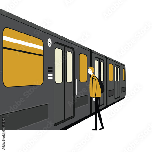 A young man with a backpack waiting and looking inside a modern gray and yellow subway train at a station platform
