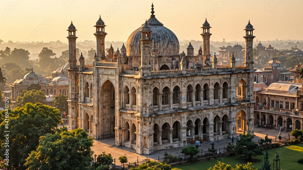 Naklejka premium Majestic Sunrise View of a Grand Mosque with Intricate Architectural Details