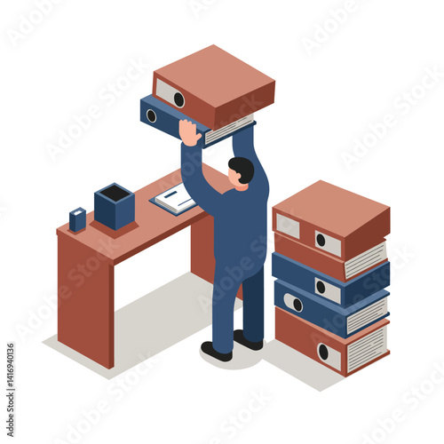 Man organizing office files by stacking large binders next to a wooden desk in a minimalist workspace setting with a focused mood