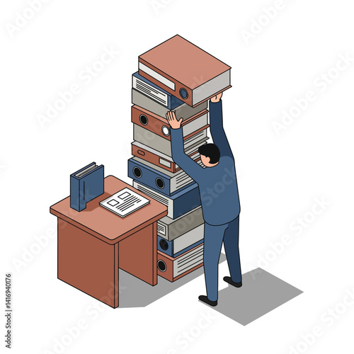Man in blue shirt struggling to stack tall pile of thick binders beside wooden office desk with organized documents