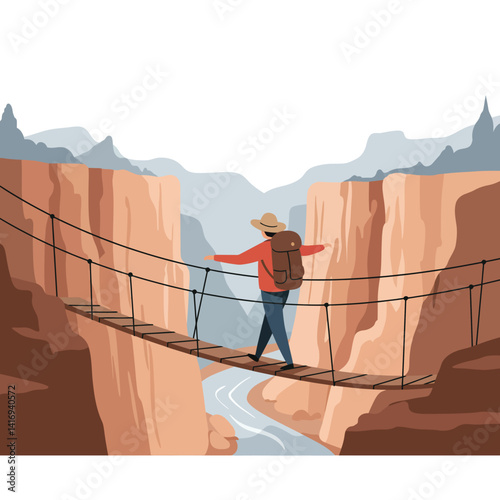 Man wearing a hat and backpack carefully crossing a narrow suspension bridge over a deep canyon with a river flowing below under a cloudy sky