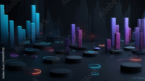 Futuristic dark-mode wallpaper with glowing blue and purple line graphs, floating 3D bar charts, and pulsating circular data nodes. Minimalist layout with a sci-fi vibe, no text or distractions.
