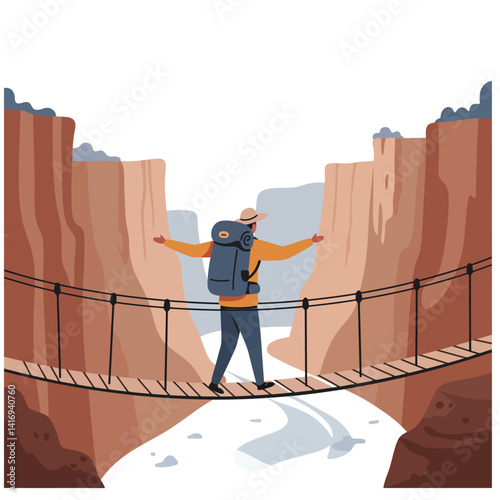 Man with backpack balancing on a narrow wooden suspension bridge over a deep canyon with steep rocky walls during outdoor adventure