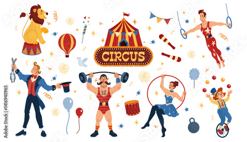 Circus. Magician, clown, acrobat in entertainment show. Vintage carnival, cute animal performance. Fun festival gymnast in park. Balloon carousel. Vector tidy cartoon flat style isolated illustration