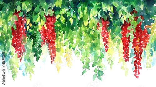 Watercolor painting of vibrant hanging flowers and foliage.