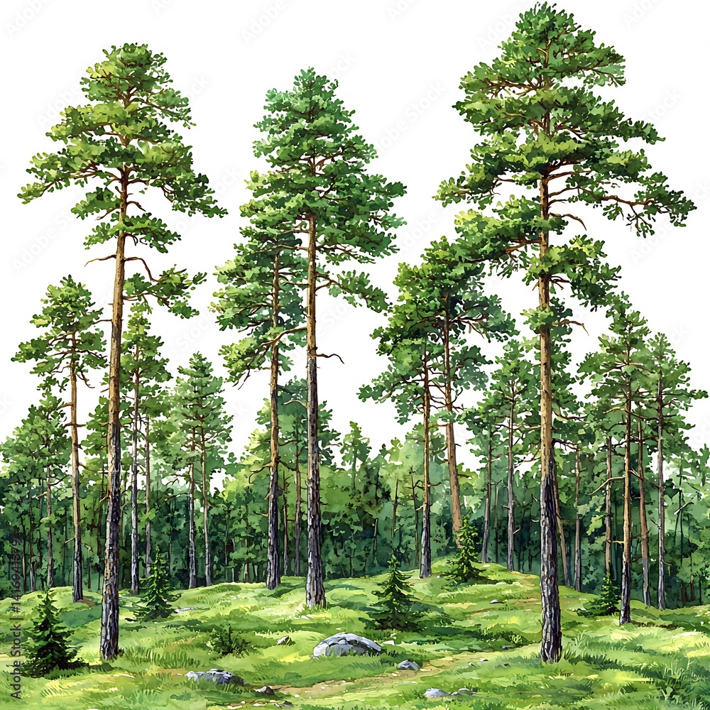 Fototapeta premium Lush pine trees stand tall in a picturesque forest scene.