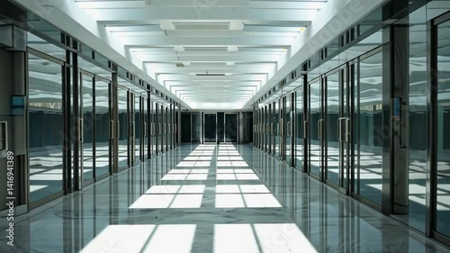 Bright hallway with polished marble floor and glass doors leading to unknown destination, bathed in natural light from above