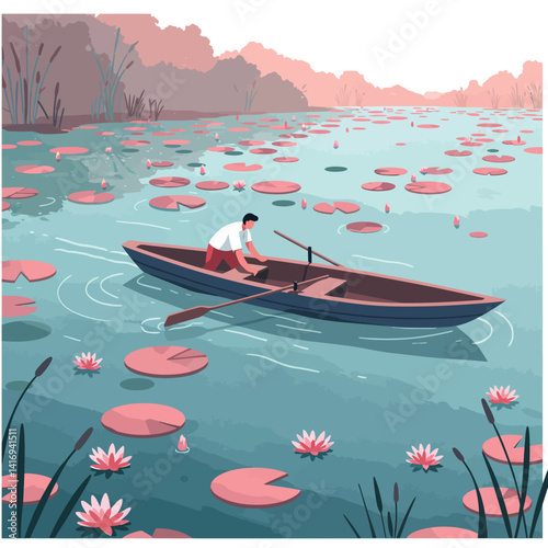 Man rowing a small wooden boat on a calm lake covered with pink water lilies and green lily pads during a peaceful early morning