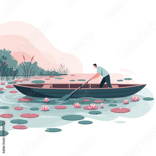 Man rowing a small wooden boat through a calm pond filled with large green lily pads and blooming pink water lilies during a peaceful morning