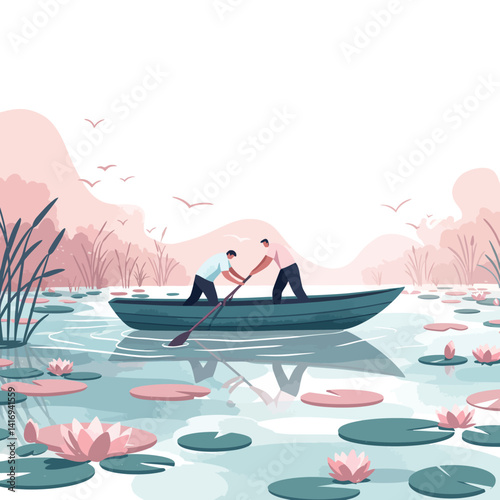 Two men rowing a small boat through a calm lily-filled lake surrounded by soft pink and blue natural vegetation and flying birds