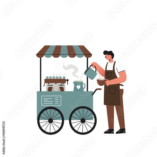 Man wearing brown apron preparing steaming coffee at a mobile cart with striped canopy on white background, serving hot beverage in a cup